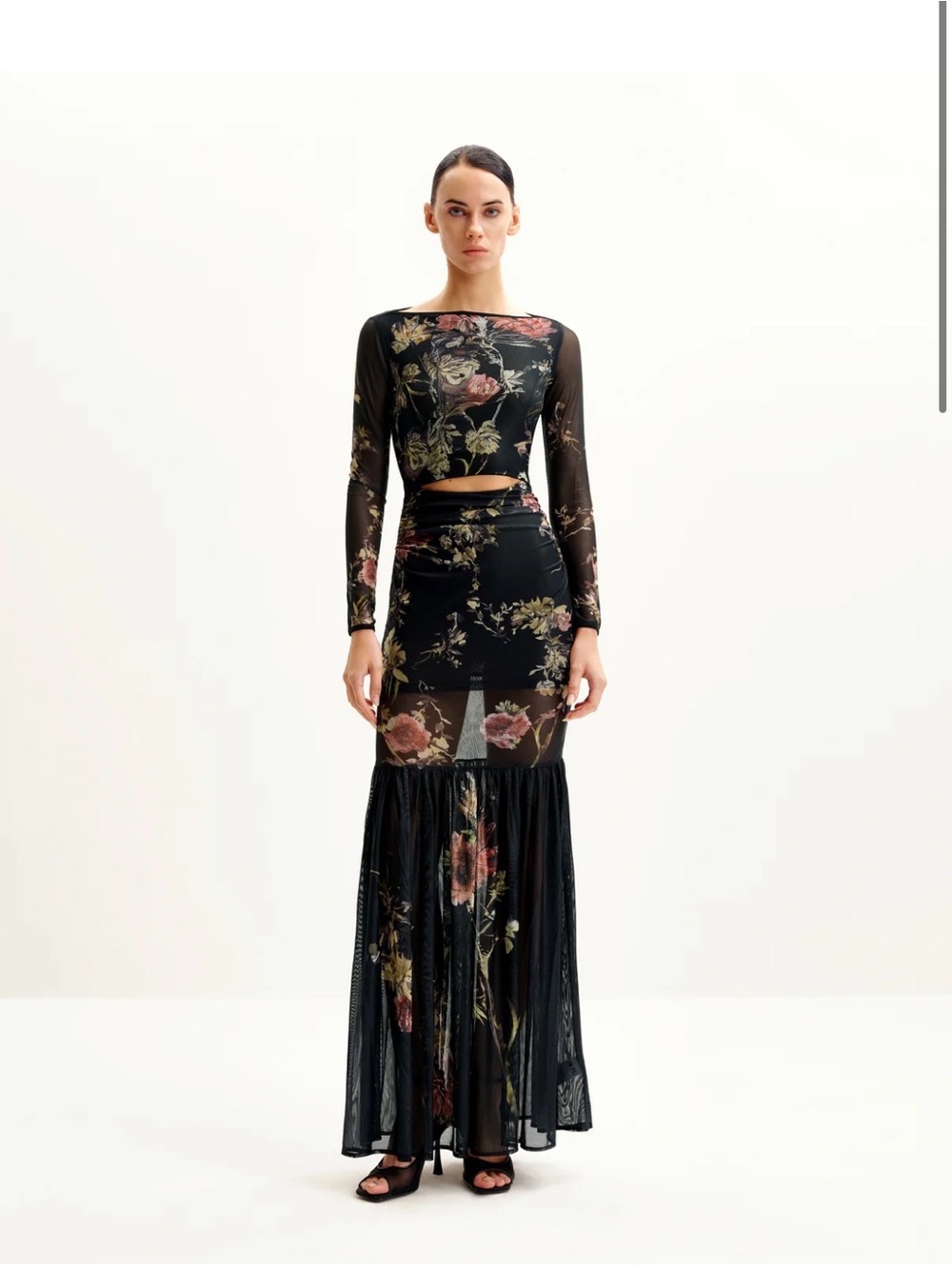JW PEI Black Floral Mesh Maxi Dress with Pink Rose Print